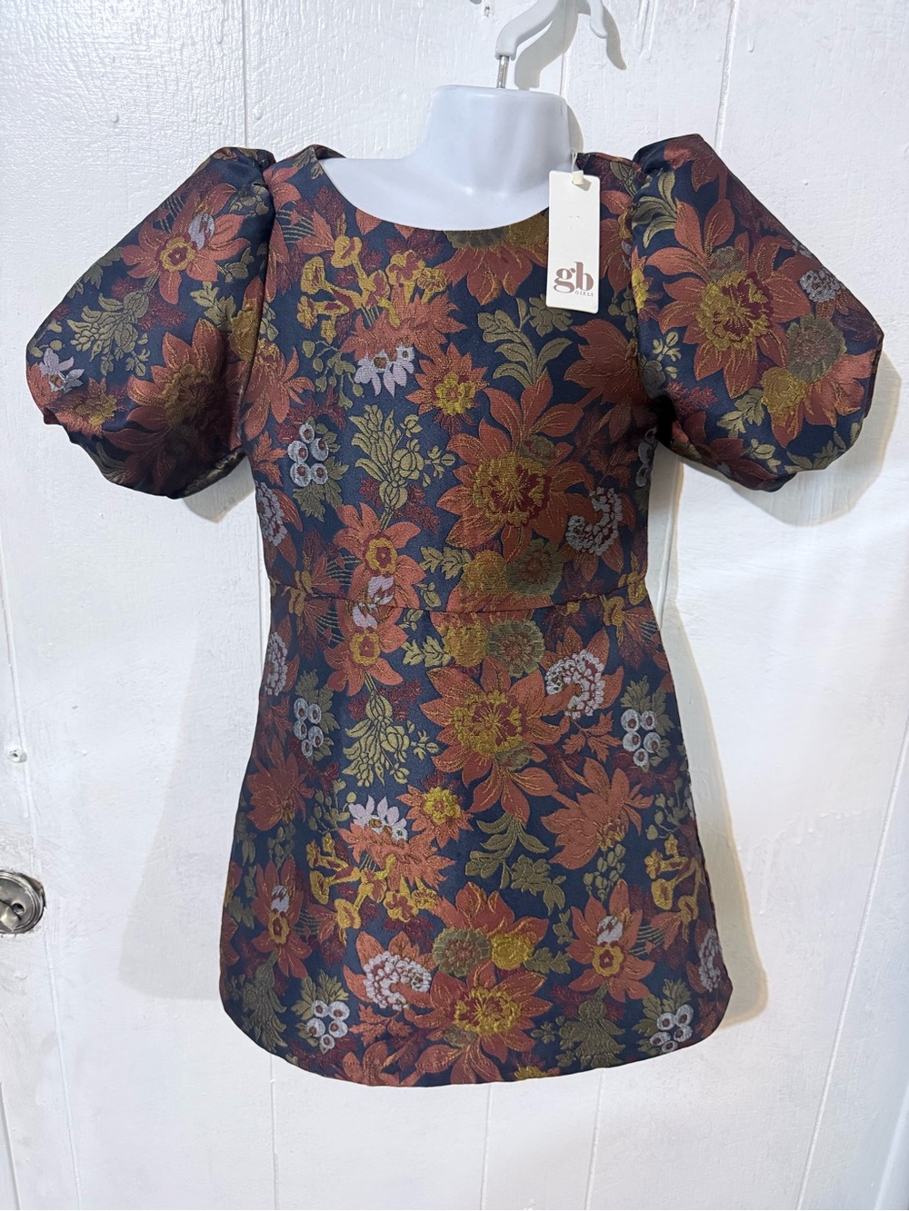 Gianni Bini Navy Floral Puff-Sleeve Dress with Rust and Olive Flowers